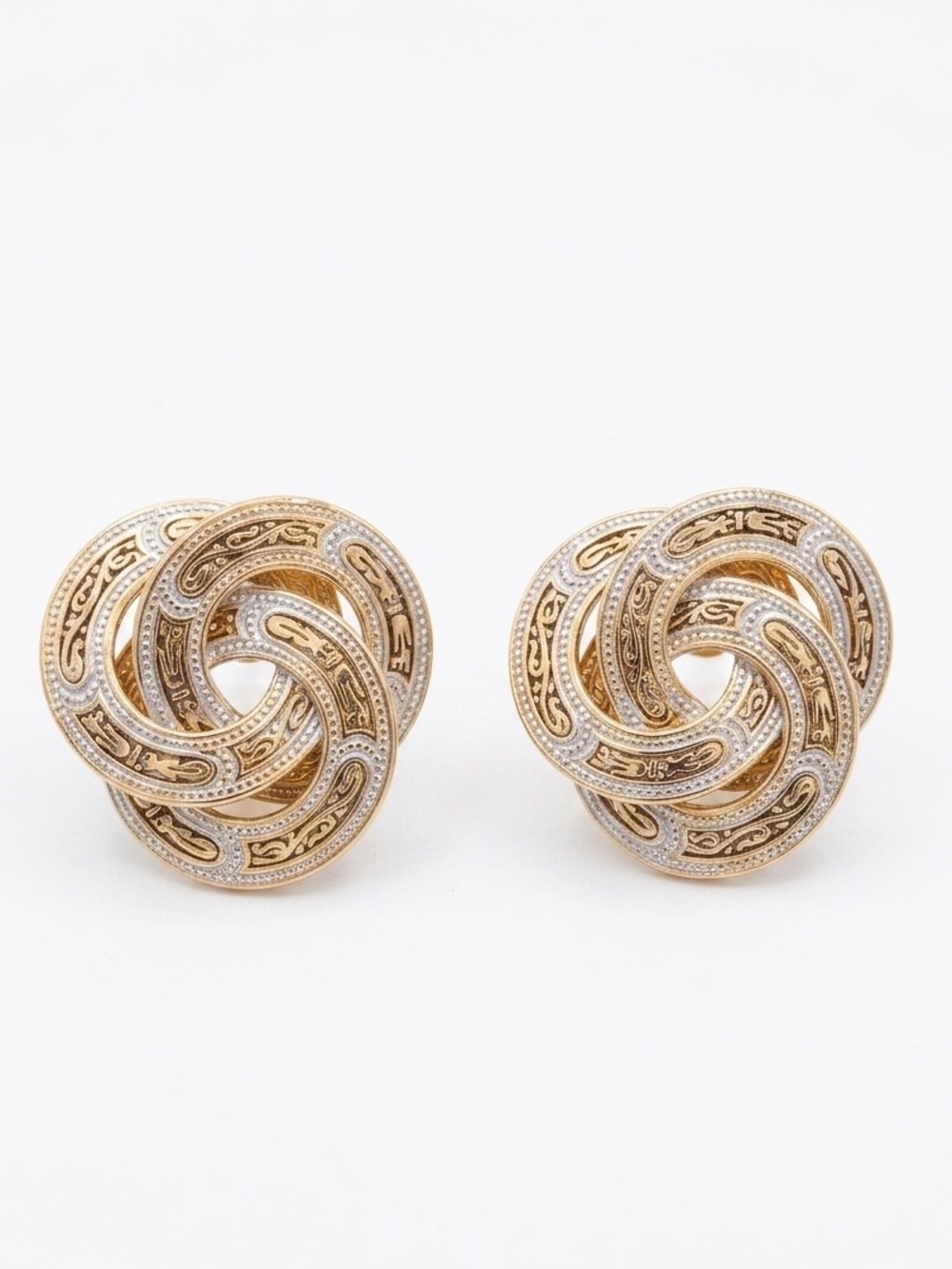 Vintage Damascene Swirl Knot Clip-On Earrings Two-Tone Gold Silver